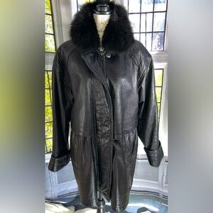 Vintage Black Leather Coat Fox Fur Trim Hood